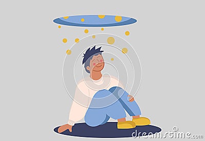 Happy man is inspired sits and rejoices. Cheerful boy sits under falling balls and is happy in life. New dreams and achievements, Vector Illustration