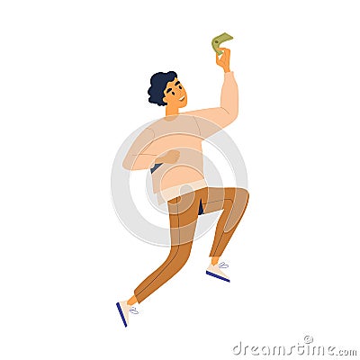 Happy man jumping holding cash vector flat illustration. Joyful male with banknote celebrating finance success isolated Vector Illustration