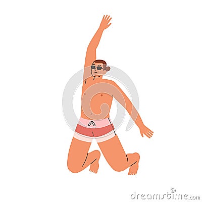 Happy man jumping up, joyful with summer vacation. Young excited cheerful energetic guy in sunglasses, swimwear, beach Vector Illustration