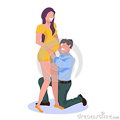 Happy man on knee listening his pregnant wife belly cheerful couple man woman embracing pregnancy and parenthood concept Vector Illustration