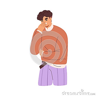 Happy man laughing, giggling from funny joke. Modest shy laughter, fun of person covering mouth with palm hand. Jolly Vector Illustration