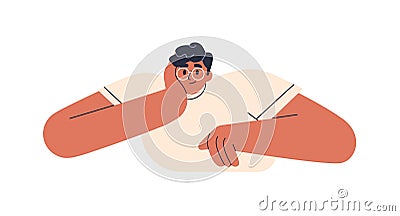 Happy man looks with interest, enthusiasm. Smiling friendly attentive person listening. Engaged involved guy watching Vector Illustration
