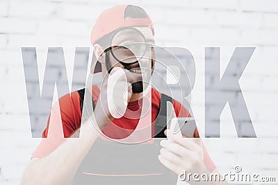 Man Looks through Loupe Fixes Smartphone. Stock Photo