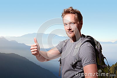 Happy man mountain hiker Stock Photo