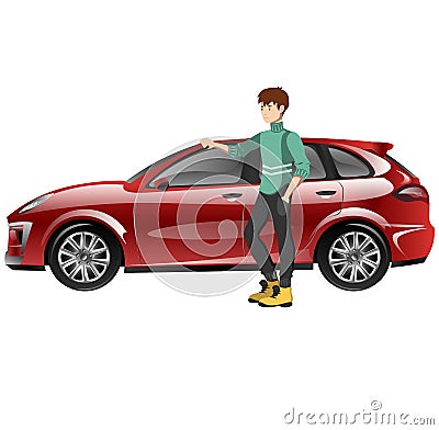 A happy man next to the car. Vector Illustration