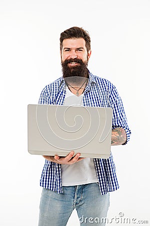 Happy man with notebook. Searching for new job. Bearded man using notebook. Bearded happy man surfing inet on notebook Stock Photo