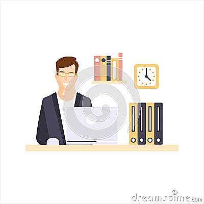 Happy Man Office Worker In Office Cubicle Having His Daily Routine Situation Cartoon Character Vector Illustration