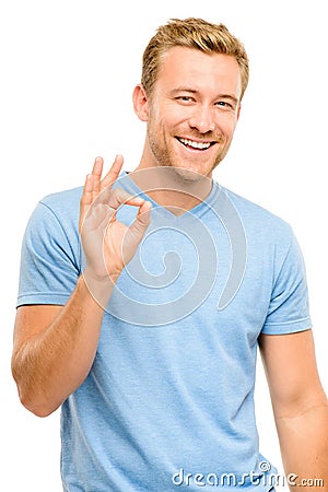 Happy man okay sign - portrait on white background Stock Photo