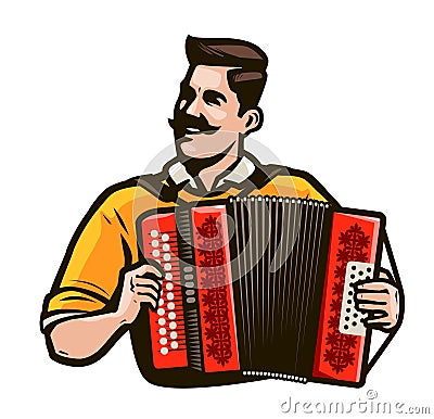 Happy man playing the accordion. Music festival concept. Cartoon vector illustration Vector Illustration