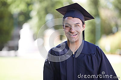 Happy man, portrait and outdoor graduation for education, learning or qualification in career ambition. Male person Stock Photo
