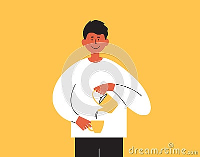 Male character lifestyle vector illustration with smiling man pouring coffee or tea from teapot into cup Vector Illustration