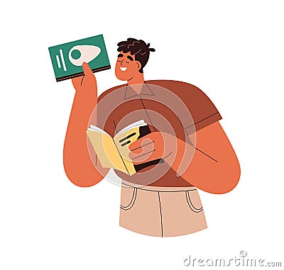 Happy man reader holding paper literature in hands. Young excited guy taking fiction novels for reading, enjoying Vector Illustration