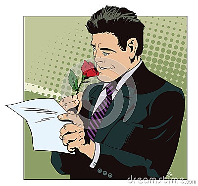 Happy man reading a letter and sniffing a flower. Vector Illustration