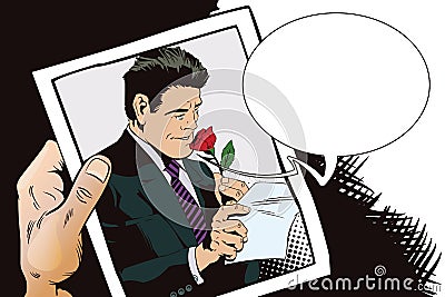 Happy man reading a letter and sniffing a flower. Stock Vector Illustration
