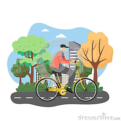 Happy man riding bicycle, flat vector illustration. Eco friendly city transport. Active and healthy lifestyle. Cartoon Illustration