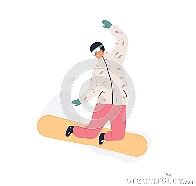 Happy man riding snowboard. Smiling snowboarder in helmet and glasses jumping with snow board. Extreme winter sport Vector Illustration