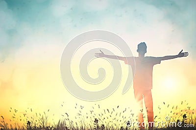 Happy man rise hand on morning view. Christian inspire praise God on good friday background. Male self confidence empowerment on Stock Photo