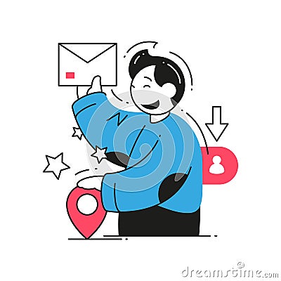 Happy man sending or received mail letter envelope paper correspondence to address with map pin Vector Illustration