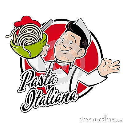 Happy man serving spaghetti with a text that means italian pasta Vector Illustration