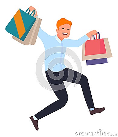 Happy man with shopping bags. Good price offer joy. Person running to big clearance sale Vector Illustration