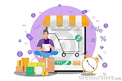 Happy young man shopping online. Stock Photo