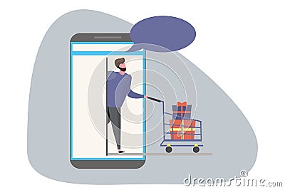 Happy man after shopping.Smartphone app Vector Illustration