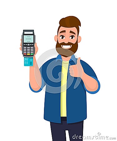 Happy man showing / holding credit / debit card inserted POS terminal payment card swipe machine and gesturing thumbs up sign. Vector Illustration