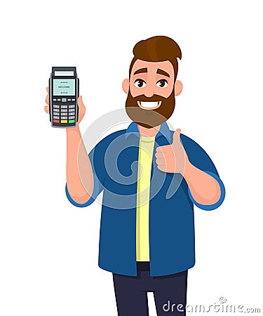 Happy man showing / holding credit / debit card and POS terminal payment card swipe machine and gesturing thumbs up sign. Vector Illustration