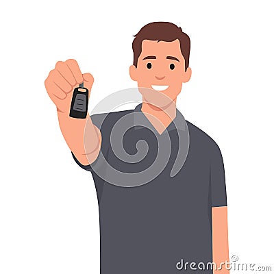 Happy man showing off car keys after getting loan or leasing to buy new car. Guy selling automobile dealership with smile Vector Illustration