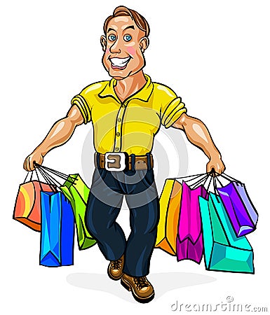 Happy man spectacled with packages in hand Vector Illustration