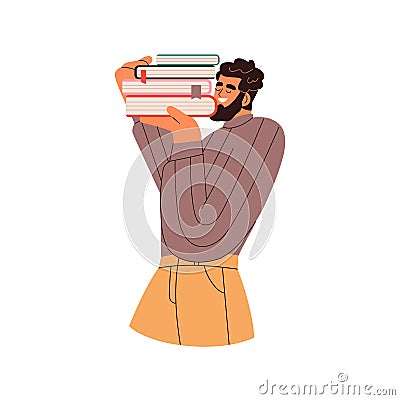 Happy man student carrying, holding heavy paper books stack from library. Excited reader, smiling guy bookworm with Vector Illustration