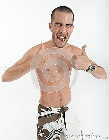 Happy man in swimming trunks Stock Photo