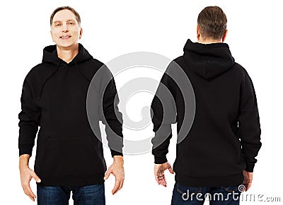 Happy man in template mens black hoodie sweatshirt isolated on white background. Man in blank black sweatshirt hoody with copy Stock Photo