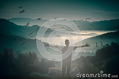 Happy man thinking felling ambitious empowerment energy vision on moutain background. Christian prayer love freedom worship praise Stock Photo