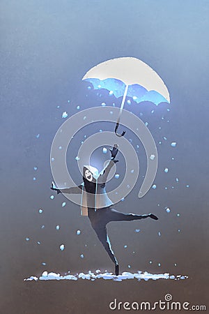 Happy man throws up a fantasy umbrella with falling snow Cartoon Illustration