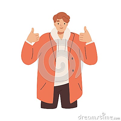 Happy man with thumbs up, expressing agreement and approval. Positive person gesturing like, super with hands and Vector Illustration