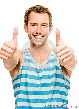 Happy man thumbs up sign closeup portrait isolated on white back Stock Photo