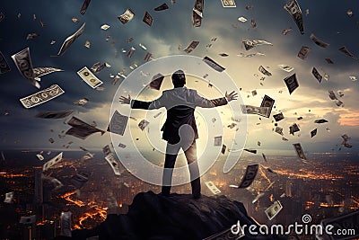 Happy man on top of success surrounded by money bills flying in the air Stock Photo