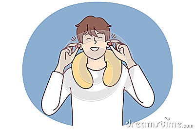 Happy man uses earplugs and neck pillow to rest during long journey on bus or plane Vector Illustration