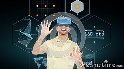 Happy man in virtual reality headset or 3d glasses Stock Photo