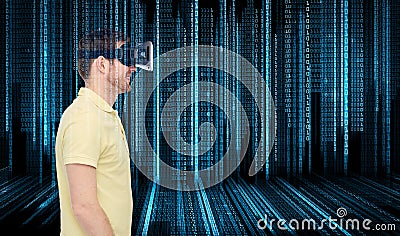 Happy man in virtual reality headset or 3d glasses Stock Photo