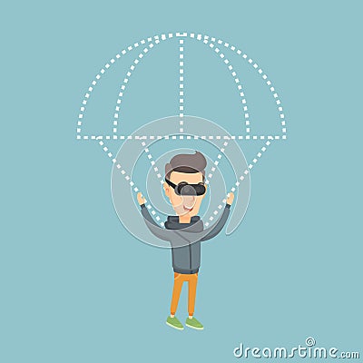 Happy man in vr headset flying with parachute. Vector Illustration