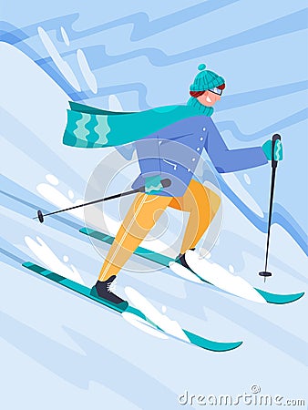 Happy man in warm clothes skiing vector flat illustration. Young sportsman riding downhill Vector Illustration