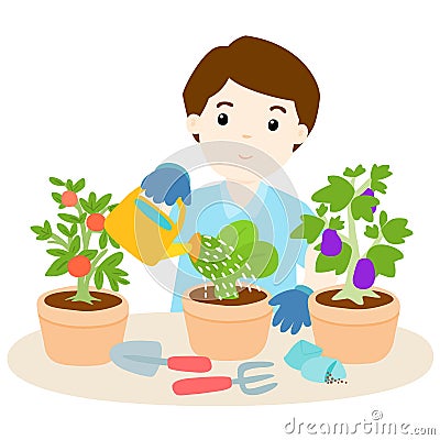 Happy man watering plants cartoon Vector Illustration