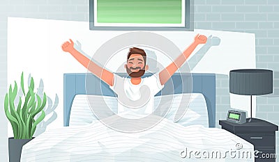 Happy man woke up and stretches in bed. Good morning. Awakening. Wake up. Vector illustration Cartoon Illustration