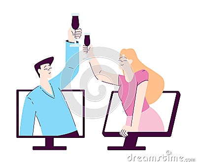 Happy Man and Woman Character Look from Computer Screen with Glass of Wine at Party Celebration Rejoicing and Cheering Stock Photo