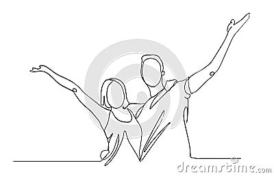 Happy man and woman having fun line drawing. Happy couple expressing joy. The concept of feelings and emotions. one line Vector Illustration