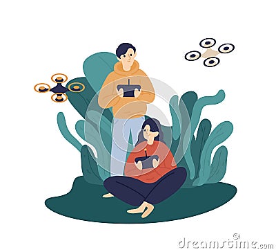 Happy man and woman hold remote control of quadcopter vector flat illustration. Couple hide in bushes with drone device Vector Illustration