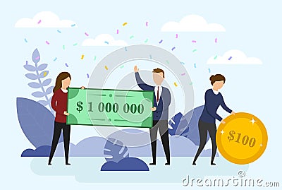 Happy man and woman are holding a bank cheque for a million dollars. A woman holds a coin for 100 dollars. Lottery gain Vector Illustration