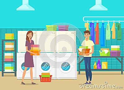 Happy man and woman inside laundry room Vector Illustration